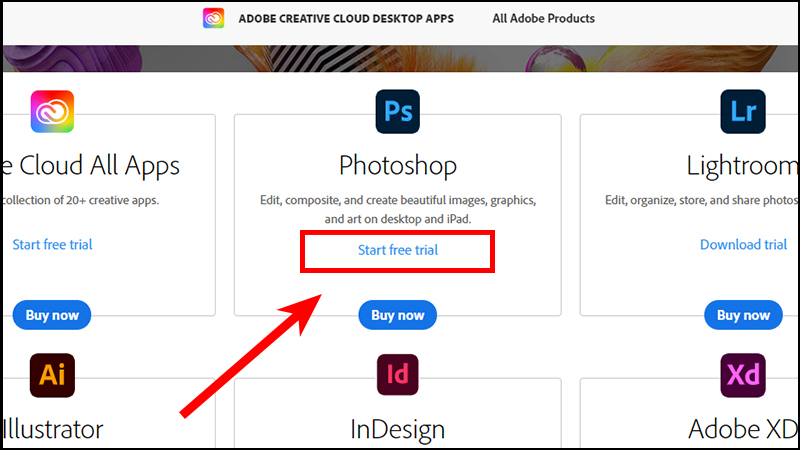 Nhấn chọn Start free trial trong ô của phần mềm Photoshop